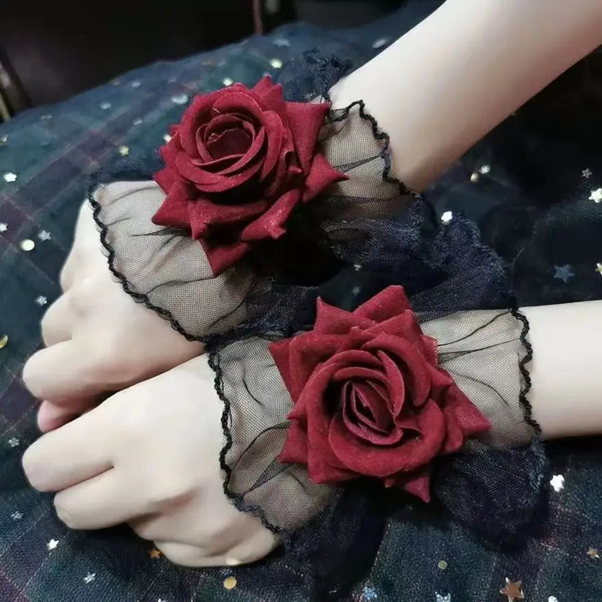 Personality Trend Dreamy Dark Lolita Lolita Lace Wrist Sleeves Women's Burgundy Rose Gown Sleeve Temperament