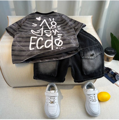 Korean Children's Summer Clothes Kids Set Outfits Boys 2025 Handsome Sleeveless&Short Sleeved T-shirt Denim Shorts 2-piece Set
