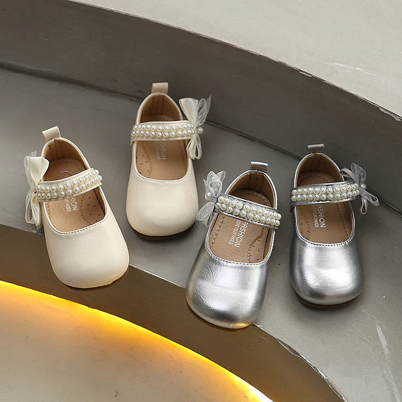 New Spring Autumn Kids Leather Shoes Side Bowknot Little Girls Dress Flat Shoes Elegant Children Princess Ballet Shoes for Party