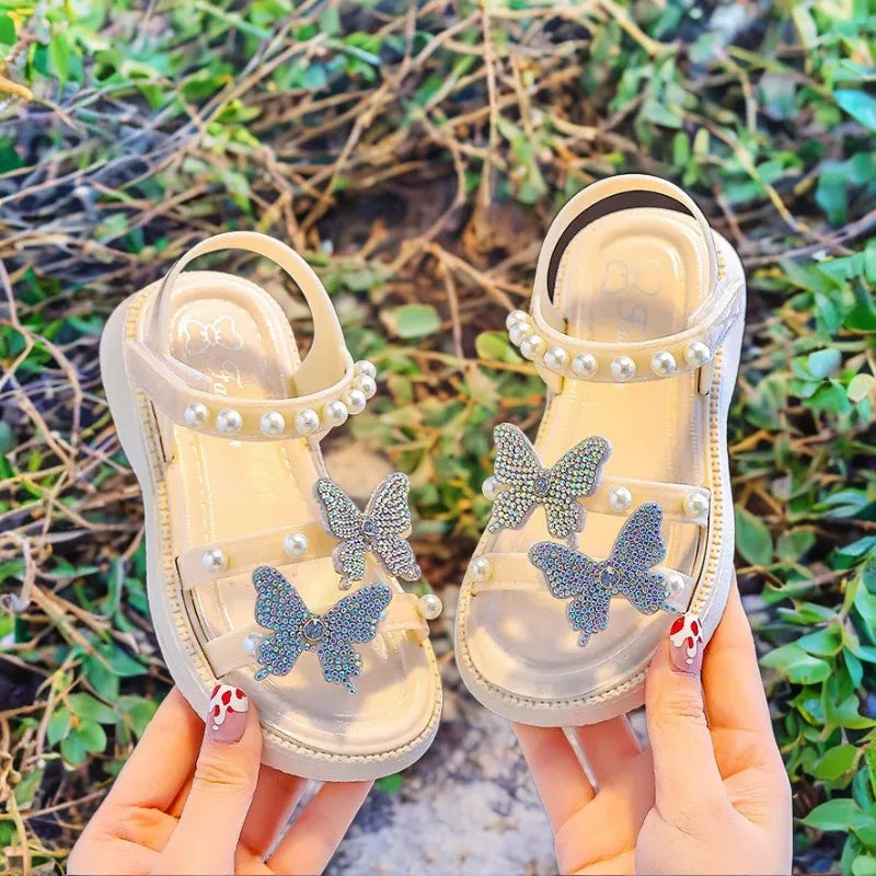 Kids' Sandals PU Leather Sequin Peep Toe Summer Outdoor Flat Shoes For Girls Breathable Anti-slip White Purple Pink