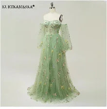 Elegant High Collar Evening Prom Bridesmaid Banquet Party Ball Dress Gown Short Sleeve Flower Embroidery Appliques Formal Dress
