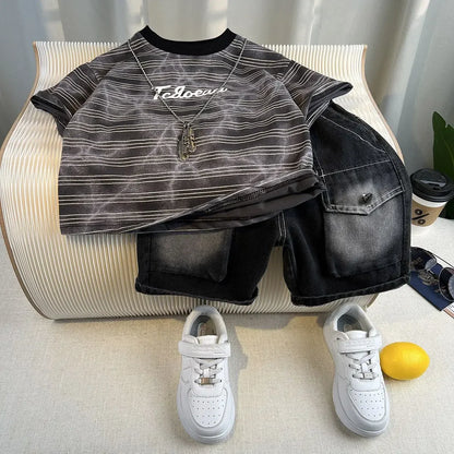 Korean Children's Summer Clothes Kids Set Outfits Boys 2025 Handsome Sleeveless&Short Sleeved T-shirt Denim Shorts 2-piece Set