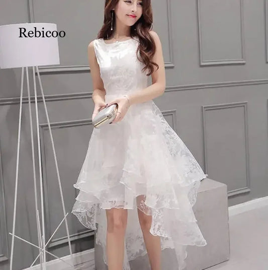Summer High Low Retro Dress Vintage Women Sleeveless Front Back Short Long Organza Lace Dress Ladies Elegant Party Dress  (Available)