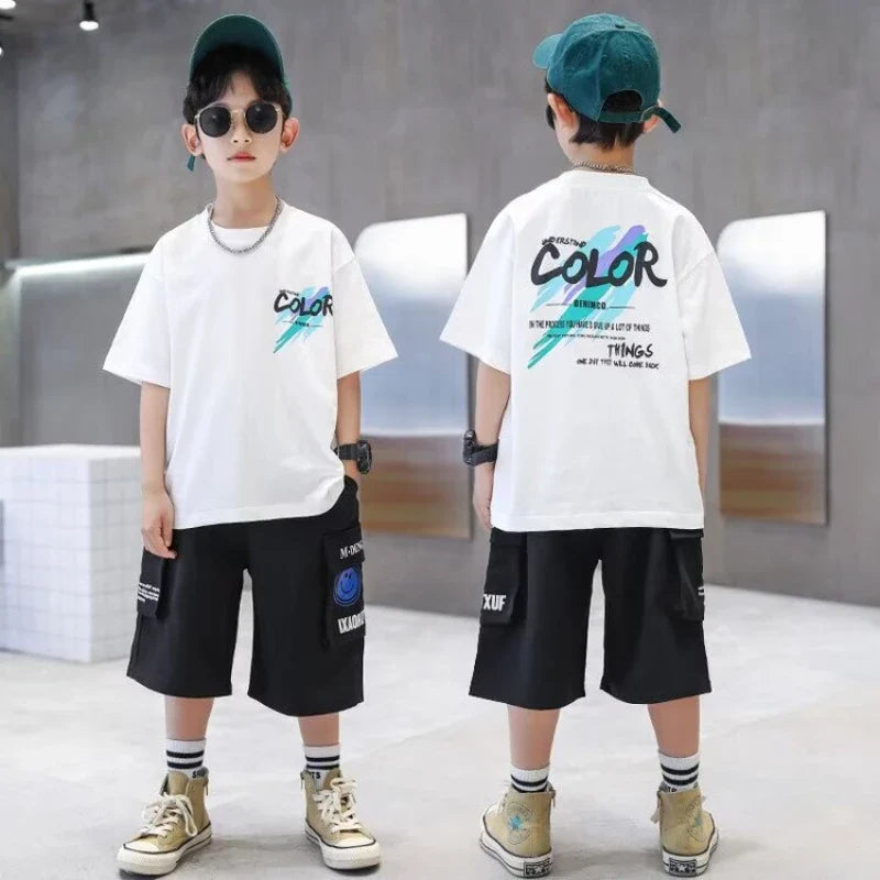 Summer 100% Cotton Boys Blue T-shirt Cool Graffiti Printed Girls Tees Short Sleeve Children Tops High Quality Kids Clothes