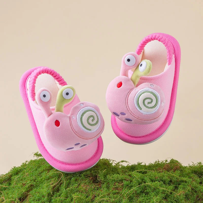 Cozy Fall & Winter Slippers for Boys and Girls, Cartoon Snail Design, Adjustable Heel Strap