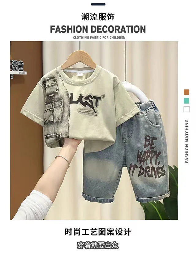 Boys Summer Clothing Set New Handsome Children's Short Sleeved Clothes Trendy Baby T-shirt Jeans Thin Two-piece Set