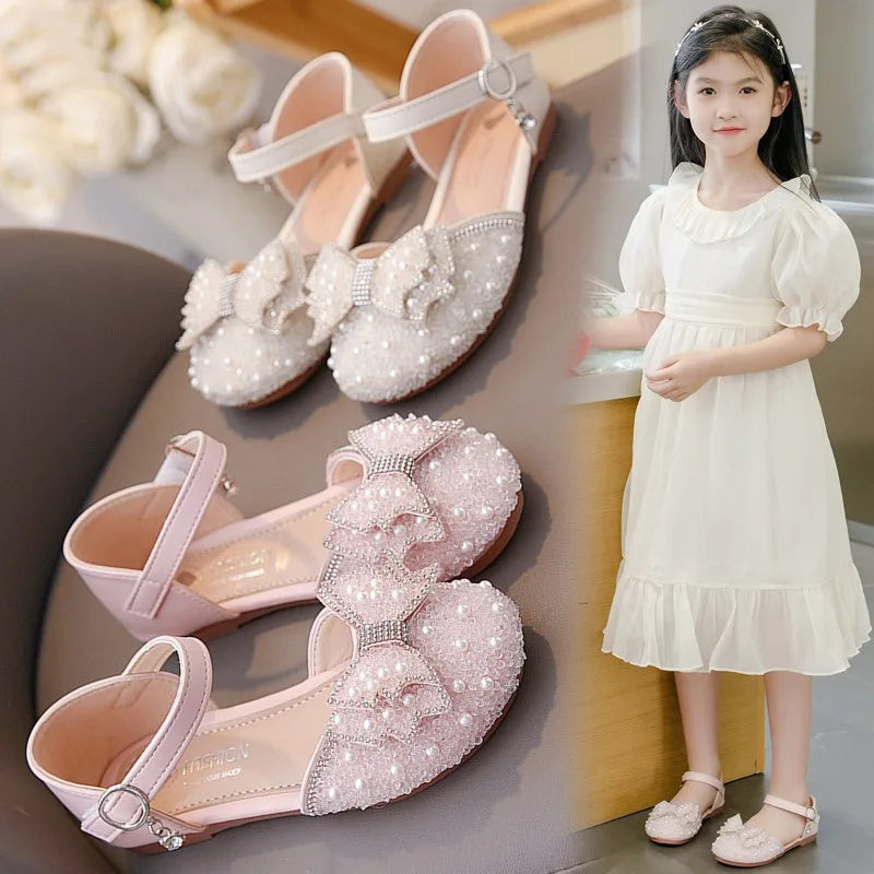 Girls' Princess Shoes Spring And Summer Sandals White Flat Dress Shoes Pearl Decoration For Kids And Teens