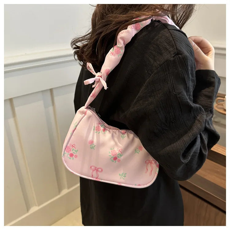 Women's Bags  Summer Nylon Pleated Handbags Armpit Bag Korean Floral Bow Printed Zipper Tote Bag Female Small Shoulder Bags