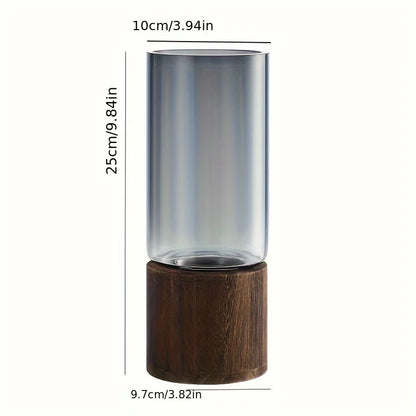 Elegant Glass Vase with Wooden Base for Hydroponic Plants,  Modern Tabletop Floral Arrangement Home Decoration
