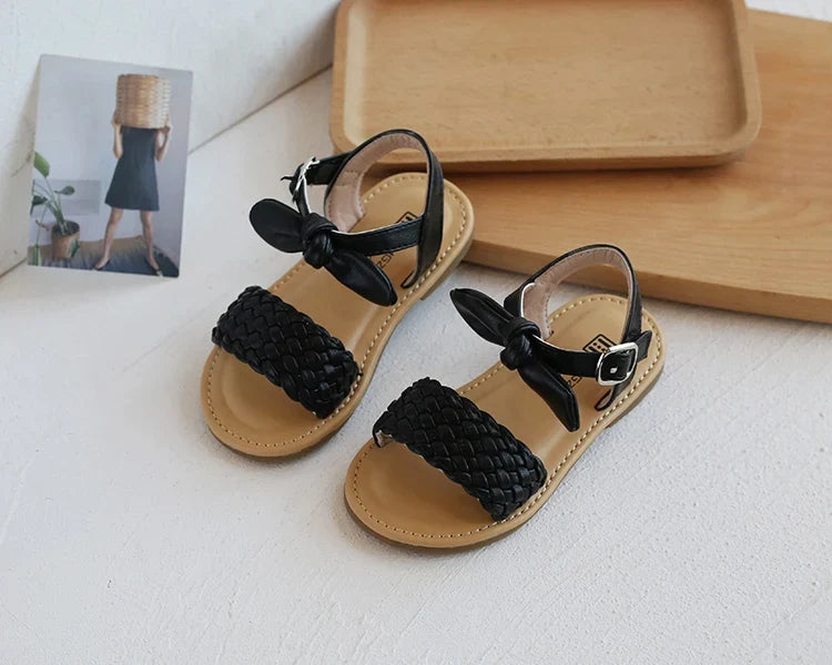 Girl Sandals Bowtie Braided Soft 21-30 Inafnt Children Sliders Bohemia Style Classic Fashion Open Toe Non-slip Kids Flats