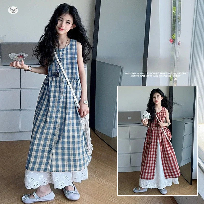 Summer Girls Retro Red Plaid Vest Dress 2-Piece Set Thin French Style Strappy Sundress Casual Vacation Outfit Teen Kids Clothes