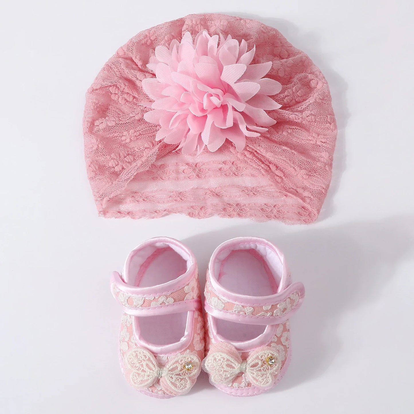 Baby Girls Princess Shoes and Turban Hat Set Bow Decor Lace Soft Non-slip Bottom First Walking Shoes