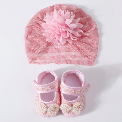 Baby Girls Princess Shoes and Turban Hat Set Bow Decor Lace Soft Non-slip Bottom First Walking Shoes