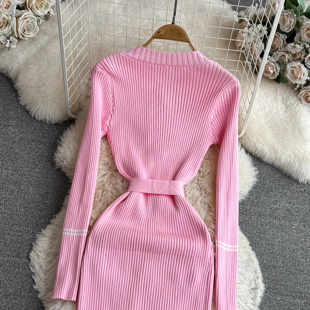 Women Dress  Autumn Winter Elegant Rib Knit Long Pencil Dress with Belt Office Lady Bodycon Sweater Dress Vestidos