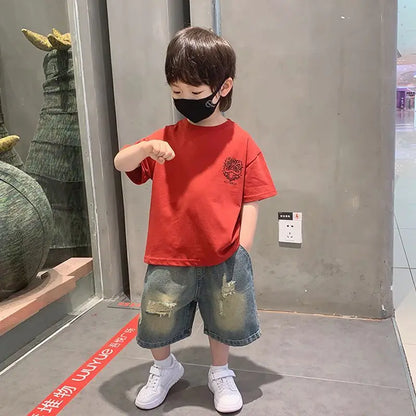 New Boys Sleeveless Vest Denim Shorts 2PC Sets Outdoor Festival Clothing Vintage Print Kids Miracle Design 2-10 Years White Tops