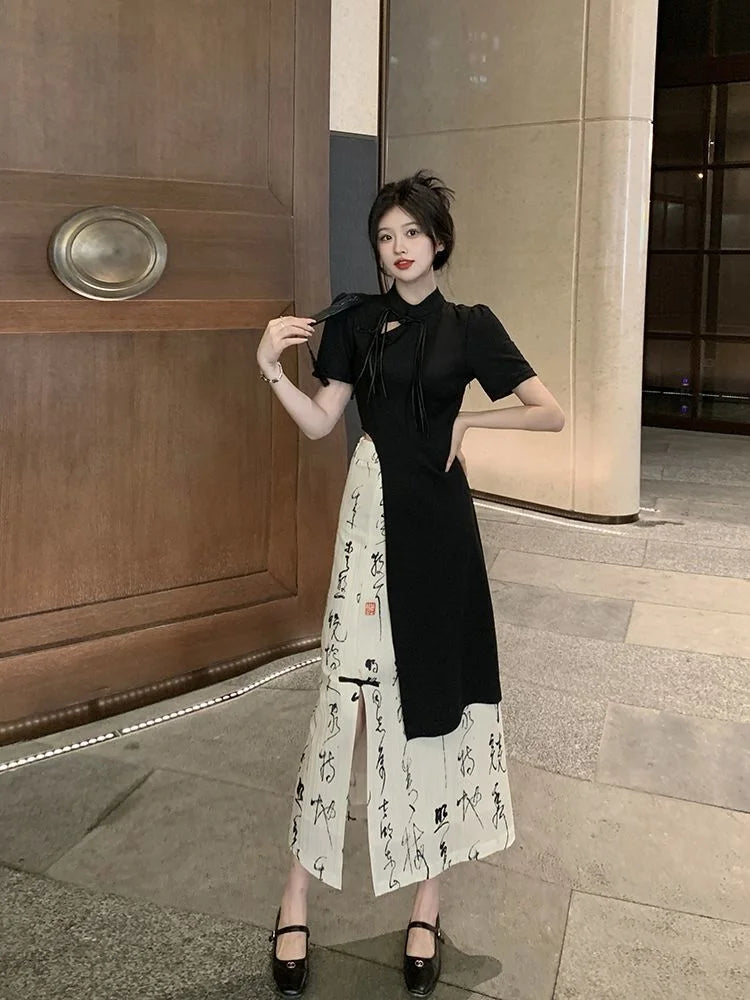 New Chinese Style High Grade Irregular Calligraphy Half Body Dress Fashion Qipao Two Piece Set Skirt Women's Summer Hanfu Suit