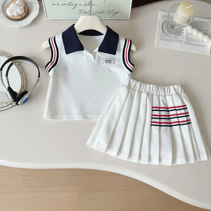 Baby Girl College Style Summer 2PCS Clothes Set Polo Collar Kid Girl Vest Top Set Thin Stylish Stripe Pleated Skirt Belle Outfit