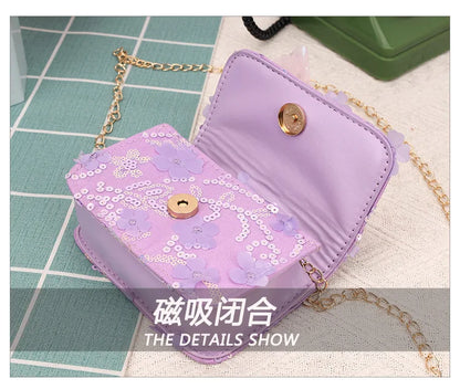 Cute Sequin Bow Kids Mini Square Shoulder Bags Versatile Children Chain Crossbody Bag Lace Girls Pearl Handbags Clutch Purse