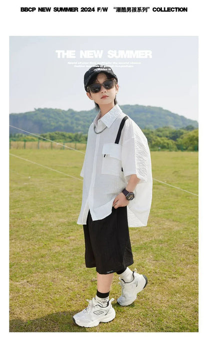 New Children Summer Thin Short Sleeved Shirt Shorts Two Piece Set Children Stylish Clothing Trend
