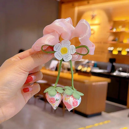Sweet Flower Bow Princess Girl Hair Ropes Fairy Strawberry Pendant Rubber Bands Ponytail Meatball Heads Headwear Kids Headflower