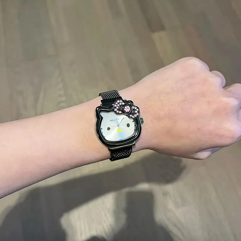 Hello Kitty Cartoon Watch Cute Student Fashion Watch Bow Decoration Quartz Wristwatch Girl Christmas Gift