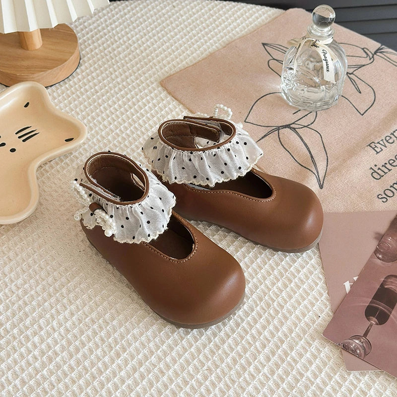 Girl's Leather Shoes Frilly Pearl Adorable Hook-loop Kids Flat Shoe Beige Brown Shallow Sweet Trendy Children Shoe 23-34