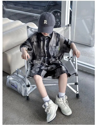 Boys Fashion Summer Tye-die Short Sleeve Shirts+Pants 2pcs Suits Years Kids Trend Streetwear Oufits Sets Children Clothing