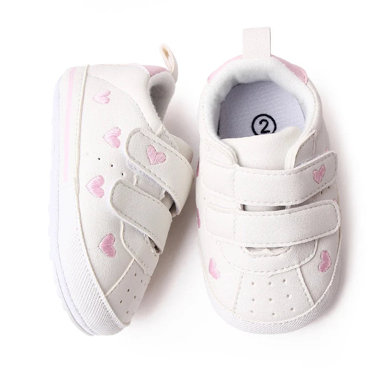 Baby White PU Sneaker Non-slip for Toddler Boys and Girls Cute Embroidery Stars and Hearts