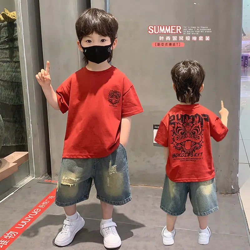 New Boys Sleeveless Vest Denim Shorts 2PC Sets Outdoor Festival Clothing Vintage Print Kids Miracle Design 2-10 Years White Tops