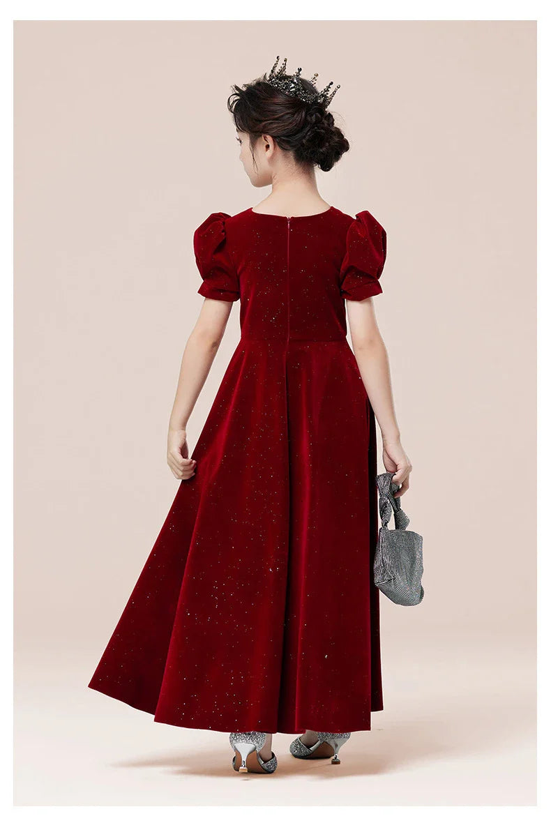 Kids Party Dress Clothing For Birthday Princess  Wine Red Piano Wedding Flower Girl Host Children's Formal Dress