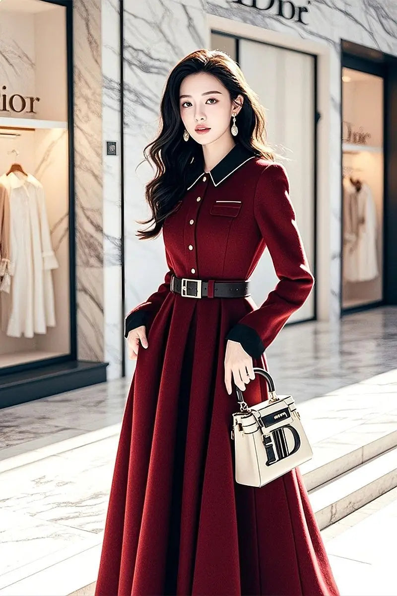 French Wine Red Dress Women's Late Dresses Spring Autumn  New Super Good-Looking Official Occasion Waisted Chic Long Dress