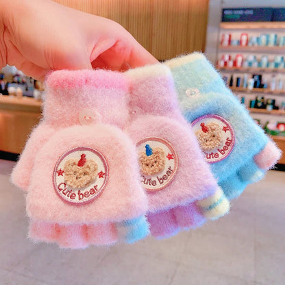 Winter Plush Knitted Cartoon Rabbit Flexible Flip-top Gloves Thicken Warm Cute Gloves For Baby Girls Half Finger Children Gloves