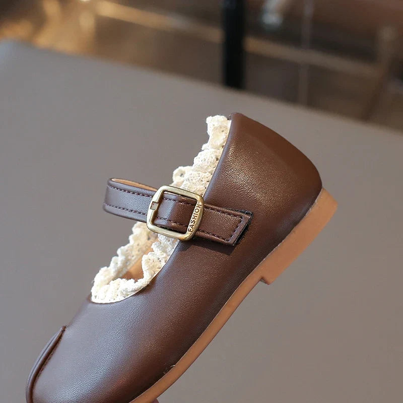 Children's Flats Simple Lolita Girls Princess Leather Shoes Walking Versatile Sweet Pleated Kids Causal Fashion Shoes