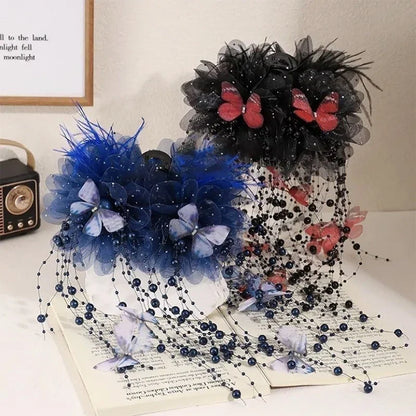 Fashion Fairy Butterfly Feather Tassel Hair Claw Shark Clips Temperament Mesh Flower Claw Clip Women Headwear Hair Accessories