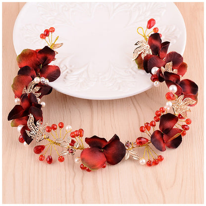 Artificial Flower Hairband Wedding Tiaras For Women Red Floral Pearl Headband Elegant Girls Hair Hoop Bridal Headwear Jewelry