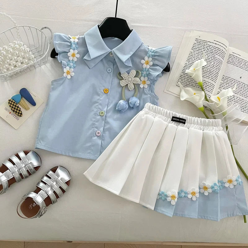 Summer New Baby Floral Short Sleeve Puff Sleeve Top Elastic Waist Pleated Skirt Girls' Set17401