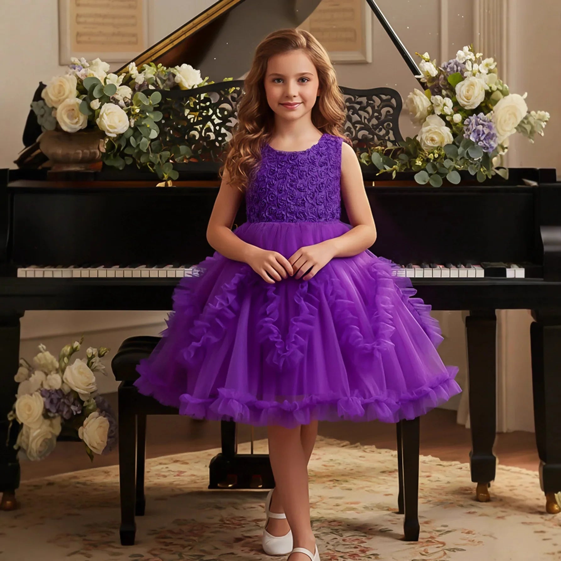 Girls Princess Tulle Dress, Elegant Baby Flower Girl Gown for Host & Stage Performance, Puffy Party Dress for Special Occasions