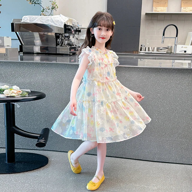 Summer girl's dress new style children's Western style floral chiffon princess dress printed baby's park play skirt
