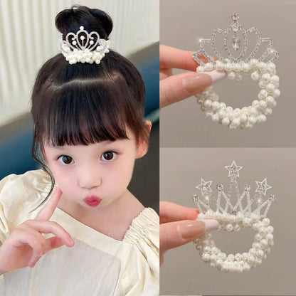Fashion Pearl Crown Princess Cute Kids Hair Bands Elastic Rubber Bands