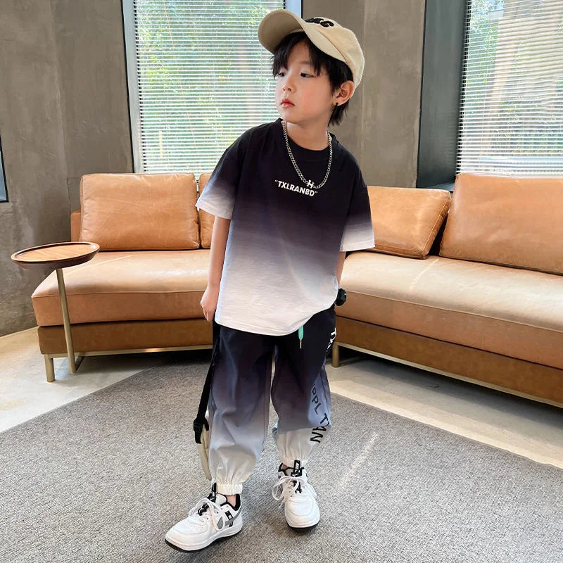 Summer teenager Boys Sports Suit Letter T Shirt + hip hop shorts Pants Kids Clothes Tracksuit 4 5 6 7 8 9 10 11 12 Years