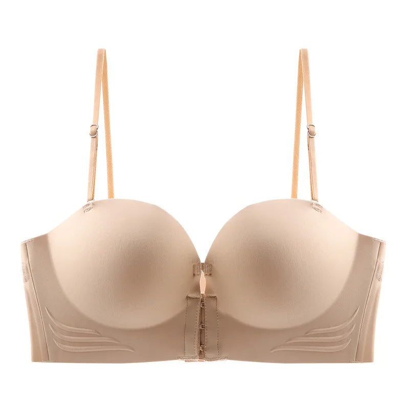 Front Closure Strapless Bras For Women Seamless Push Up Brassiere Thick Soft Underwear Solid Color Adjustable Invisible Lingerie