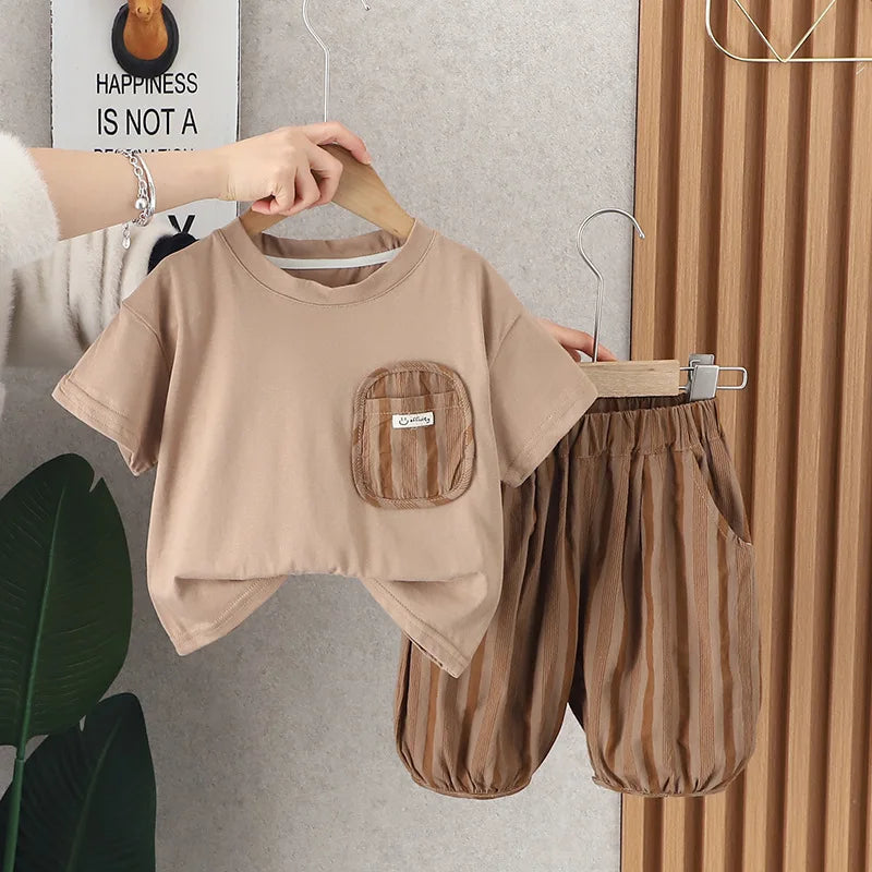 Summer Kid's Clothing Sets Boys' Short Sleeve Outfit Vertical Stripes T-shirt Pants 2Pcs Trendy Children's Costume Stylish