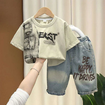 Boys Summer Clothing Set Letter Print Short Sleeved T-shirt+Denim Shorts 2Pcs Suit For Kids Handsome Casual Outfit