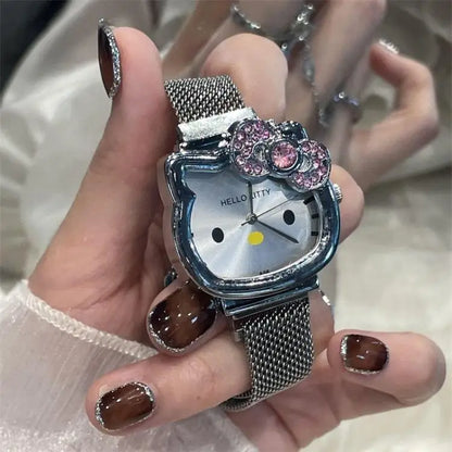 Hello Kitty Cartoon Watch Cute Student Fashion Watch Bow Decoration Quartz Wristwatch Girl Christmas Gift