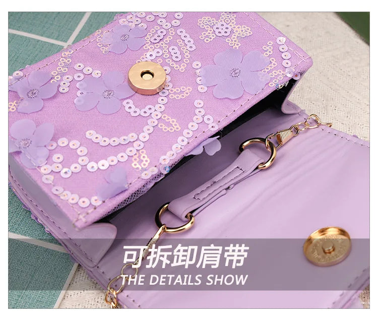 Cute Sequin Bow Kids Mini Square Shoulder Bags Versatile Children Chain Crossbody Bag Lace Girls Pearl Handbags Clutch Purse