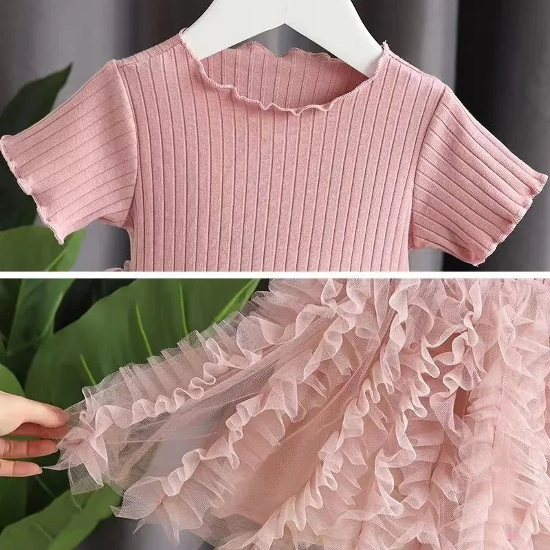 Kid Girl Party Dress Summer Solid Short Sleeve Lace Ribbed Mesh Dress Birthday&Wedding Party Clothing for little Girls
