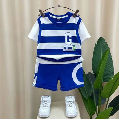 Summer Children Clothes Boys Girls Short-sleeved Striped T-shirt +Shorts 2Pcs Set Babies Fashion Round Neck Outfits Kids Suits