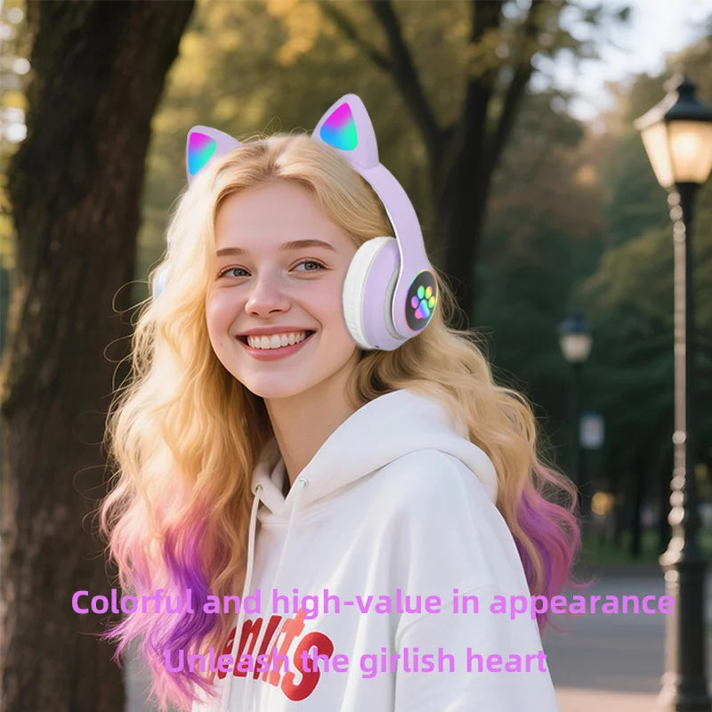 P47M Wireless Headphone Flash Light Cute Cat Bluetooth with Mic Control LED Stereo Music Helmet Phone Bluetooth Headset Gift