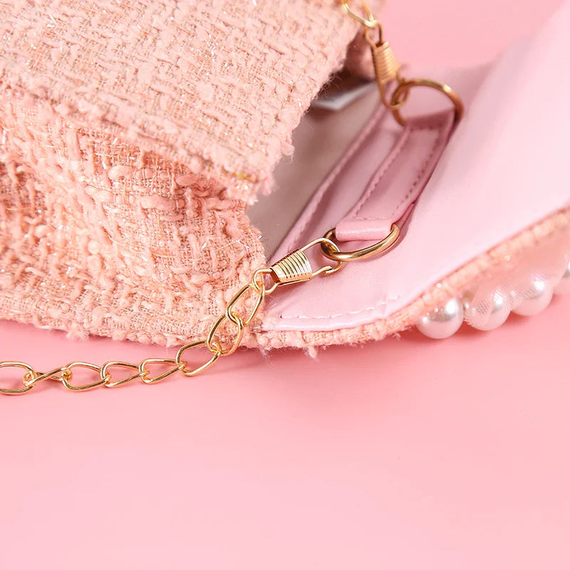 Pink Princess Crown Colorful Bow Children's Bag Fashion Hand-held Pearl Diagonal Girl Cross Body Shoulder Messenger Bags Purse