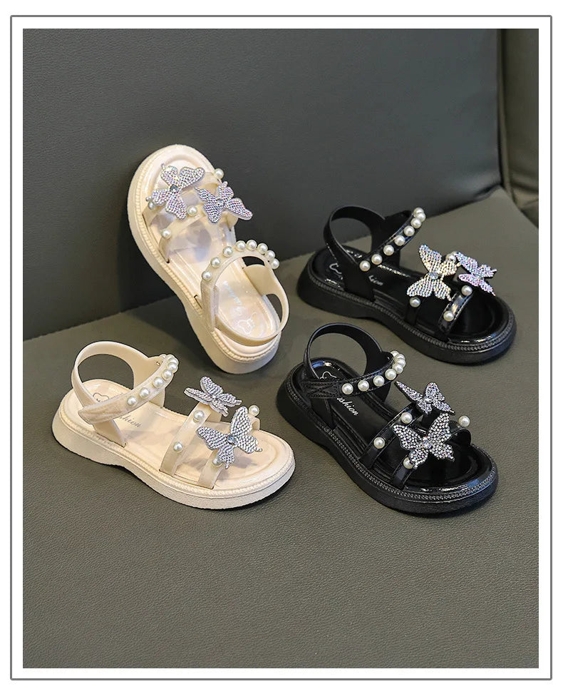 Kids' Sandals PU Leather Sequin Peep Toe Summer Outdoor Flat Shoes For Girls Breathable Anti-slip White Purple Pink